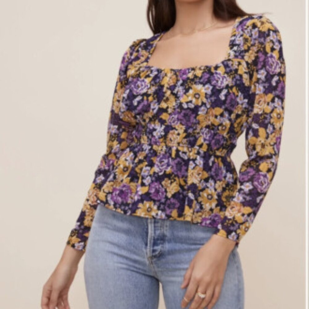 Astr The Label Mustard Purple Floral Cinched Waist Peplum Blouse. Size XS.